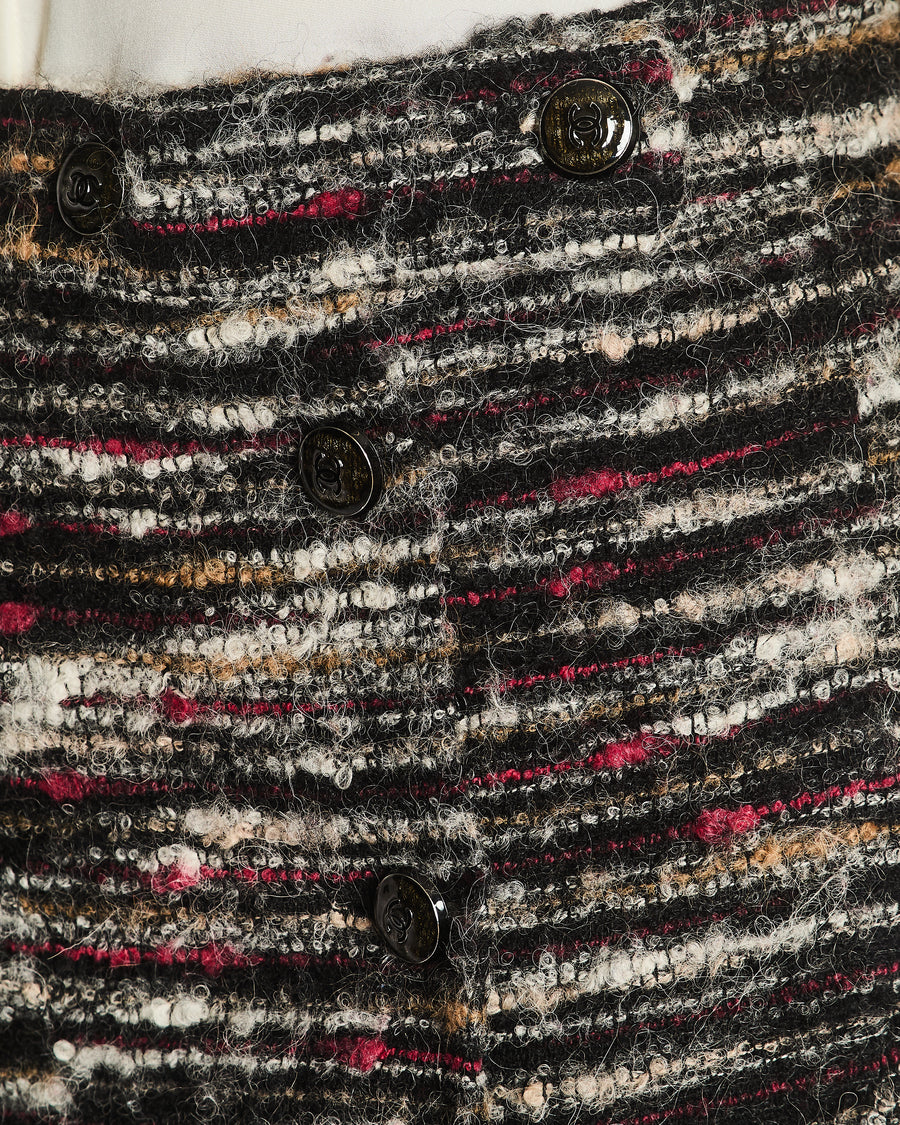 Chanel Black, White and Pink Wool Mini Skirt with Fringed Trim Detail and Black CC Logo Buttons Size FR 38 (UK 10)