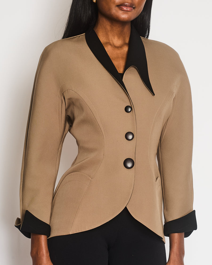 Thierry Mugler Vintage 1980's Brown and Black Long Sleeve Blazer with Collar and Graduated Button Detail Size FR 36 (UK 8)
