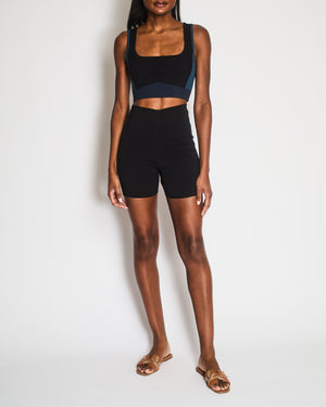 Hermès Black Top and Shorts Sports Set with Blue Ribbed Bands Detail Size S (UK 8) RRP £865