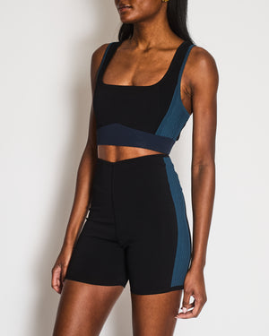 Hermès Black Top and Shorts Sports Set with Blue Ribbed Bands Detail Size S (UK 8) RRP £865