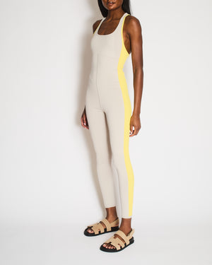 Hermès Light Grey Yoga Jumpsuit with Yellow Ribbed Bands and Crossover Back Detail Size S (UK 8) RRP £1,190