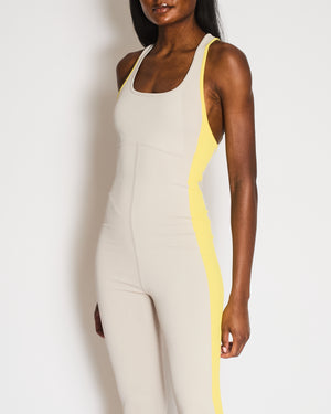 Hermès Light Grey Yoga Jumpsuit with Yellow Ribbed Bands and Crossover Back Detail Size S (UK 8) RRP £1,190