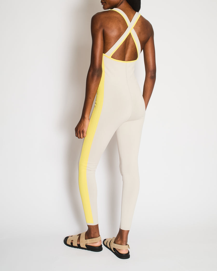 Hermès Light Grey Yoga Jumpsuit with Yellow Ribbed Bands and Crossover Back Detail Size S (UK 8) RRP £1,190