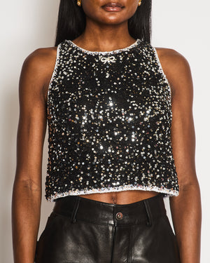Chanel Spring 2023 Black Sleeveless Silver Sequin Embellished Crop Top with White Trims and Silver and Crystal CC Logo Bow Size FR 34 (UK 6)