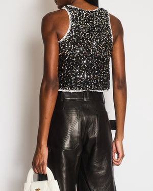 Chanel Spring 2023 Black Sleeveless Silver Sequin Embellished Crop Top with White Trims and Silver and Crystal CC Logo Bow Size FR 34 (UK 6)