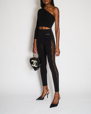 Chanel Black Leggings with Perforated Side Bands Details and White Logo Print Size XS (UK 6)