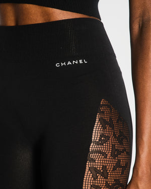 Chanel Black Leggings with Perforated Side Bands Details and White Logo Print Size XS (UK 6)