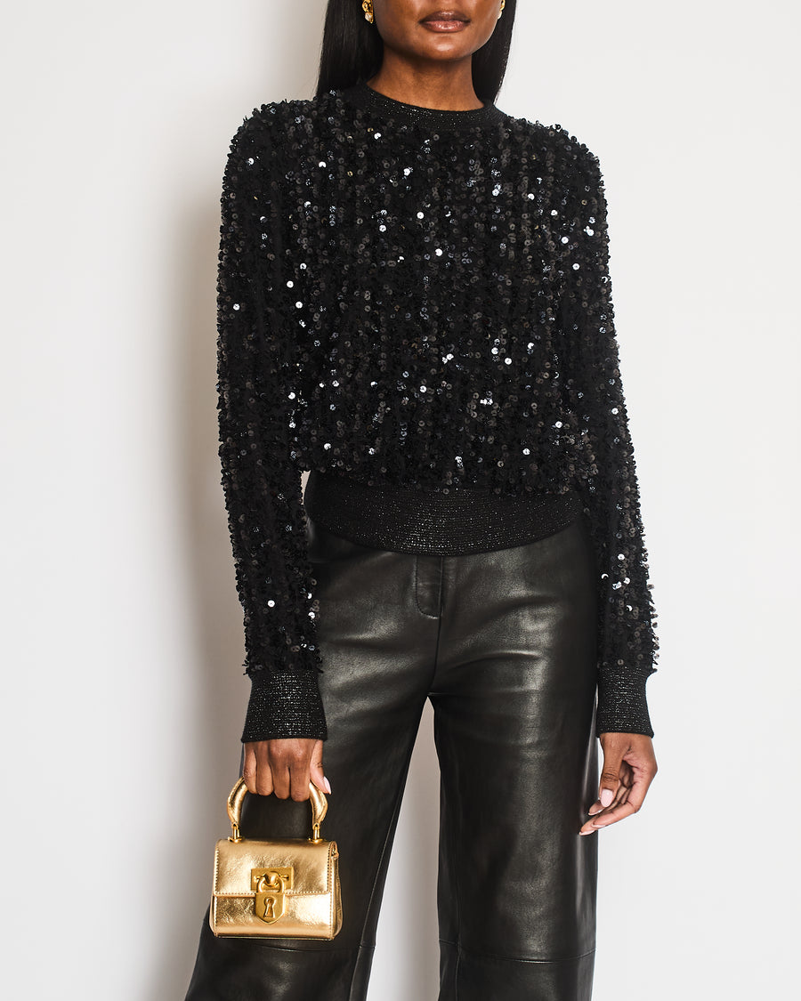 Chanel Black Sequin Embellished Jumper with Metallic Cuff Details Size FR 36 (UK 8)