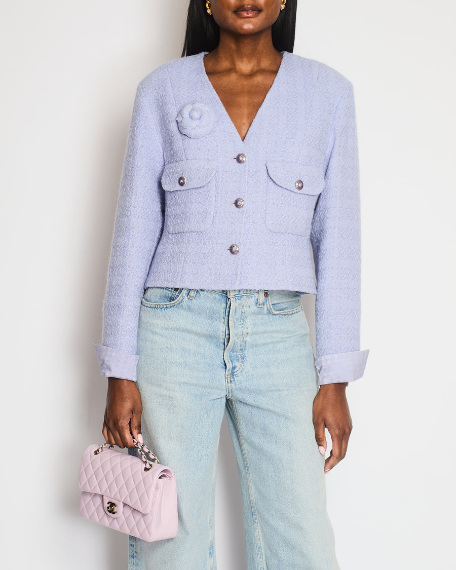 Chanel 24 Metiers des Arts Lilac Tweed Jacket with Pockets, Silk Cuff Details and Camellia Pin Size FR 40 (UK 12)