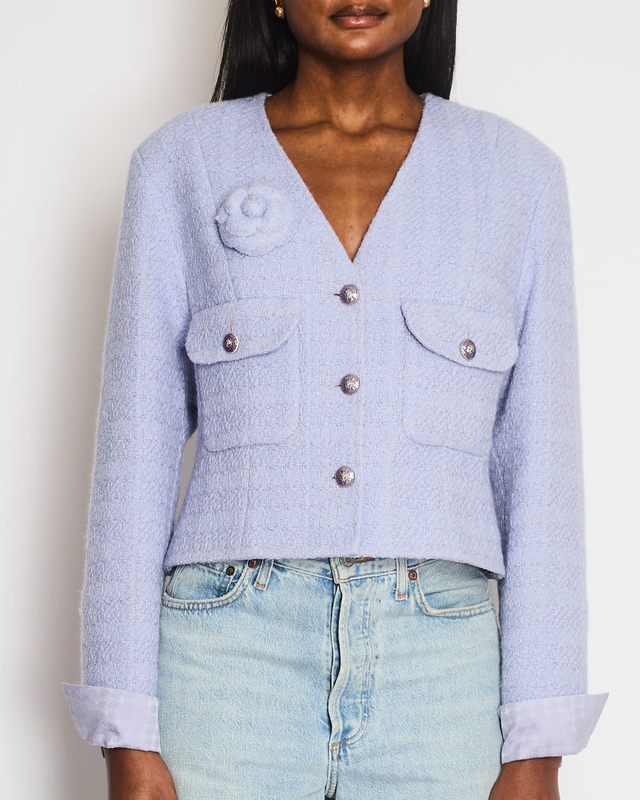 Chanel 24 Metiers des Arts Lilac Tweed Jacket with Pockets, Silk Cuff Details and Camellia Pin Size FR 40 (UK 12)