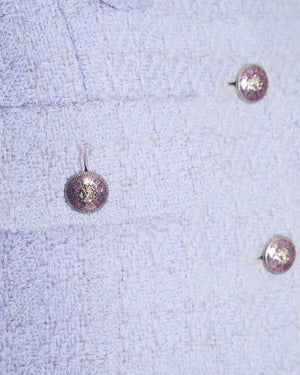 Chanel 24 Metiers des Arts Lilac Tweed Jacket with Pockets, Silk Cuff Details and Camellia Pin Size FR 40 (UK 12)