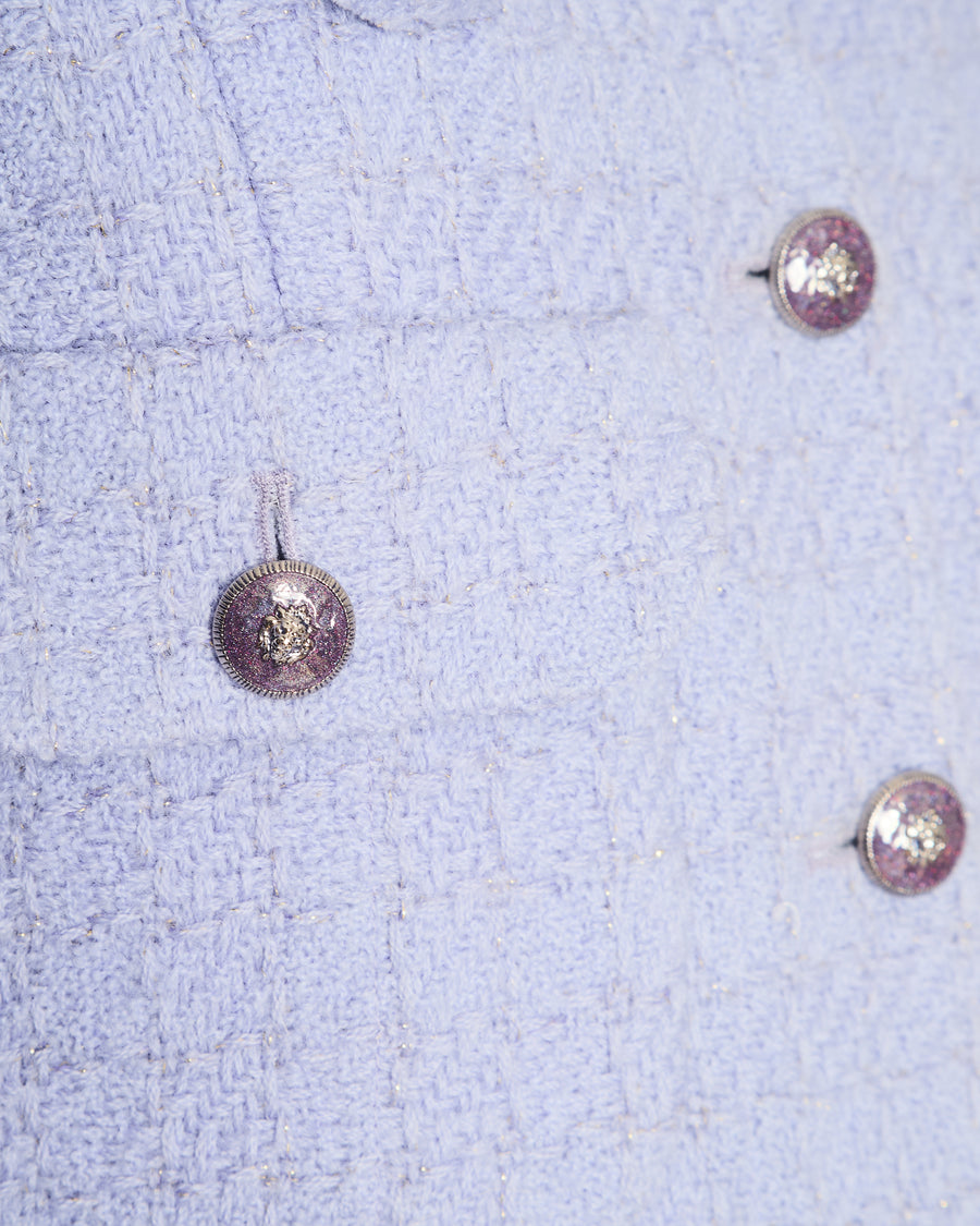 Chanel 24 Metiers des Arts Lilac Tweed Jacket with Pockets, Silk Cuff Details and Camellia Pin Size FR 40 (UK 12)