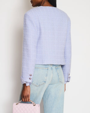 Chanel 24 Metiers des Arts Lilac Tweed Jacket with Pockets, Silk Cuff Details and Camellia Pin Size FR 40 (UK 12)