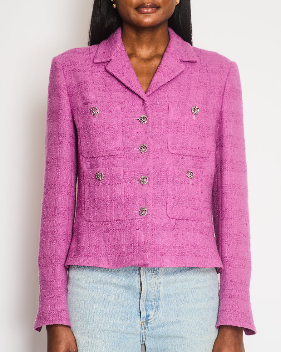 Chanel 23A Purple Wool Tweed Jacket with Multi Pockets and CC Logo Buttons Detail Size FR 42 (UK 14)