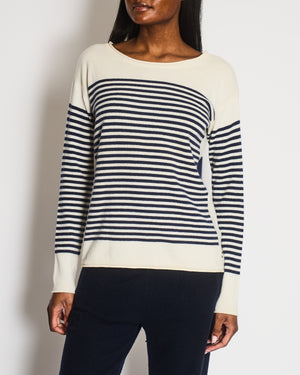 Loro Piana Navy and White Striped Baby Cashmere Jumper with Silver Logo Detail Size IT 48 (UK 16)