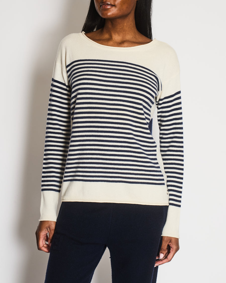Loro Piana Navy and White Striped Baby Cashmere Jumper with Silver Logo Detail Size IT 48 (UK 16)