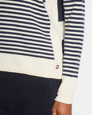 Loro Piana Navy and White Striped Baby Cashmere Jumper with Silver Logo Detail Size IT 48 (UK 16)