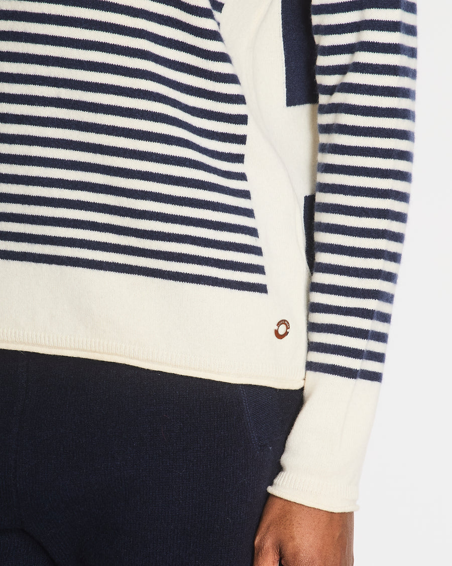Loro Piana Navy and White Striped Baby Cashmere Jumper with Silver Logo Detail Size IT 48 (UK 16)