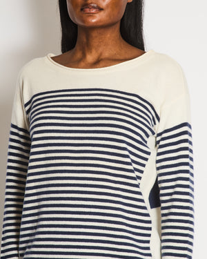 Loro Piana Navy and White Striped Baby Cashmere Jumper with Silver Logo Detail Size IT 48 (UK 16)