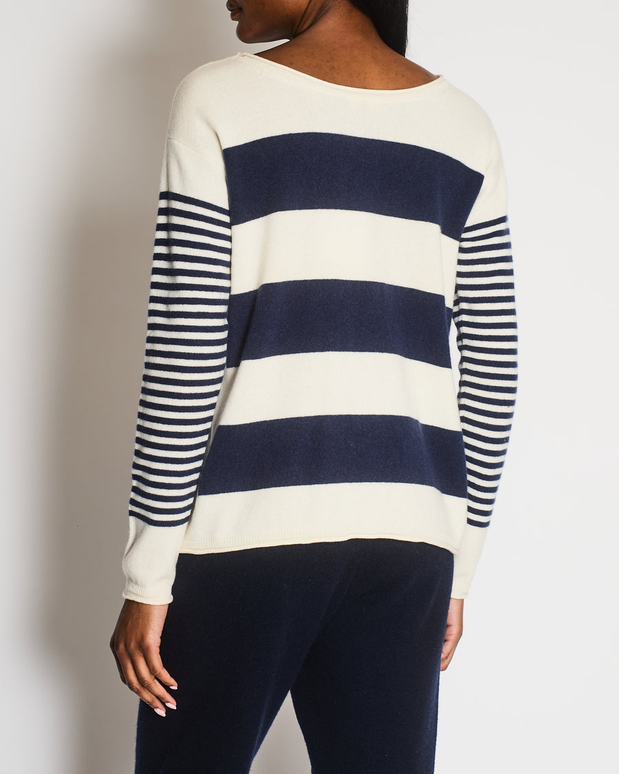 Loro Piana Navy and White Striped Baby Cashmere Jumper with Silver Logo Detail Size IT 48 (UK 16)