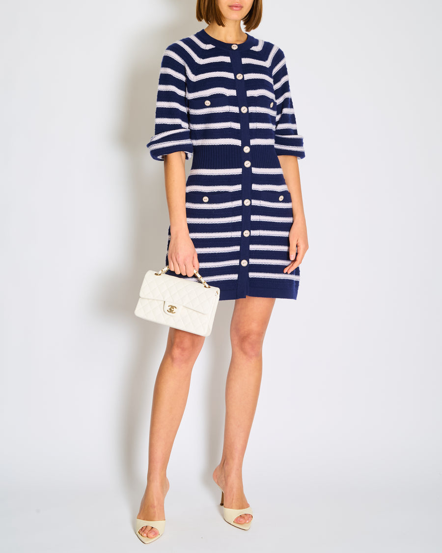 Chanel Light Pink and Navy Striped Cashmere Mini Dress with Cuffed Sleeved and Pink and Silver CC Logo Buttons with Front Pockets Size FR 42 (UK 14)
