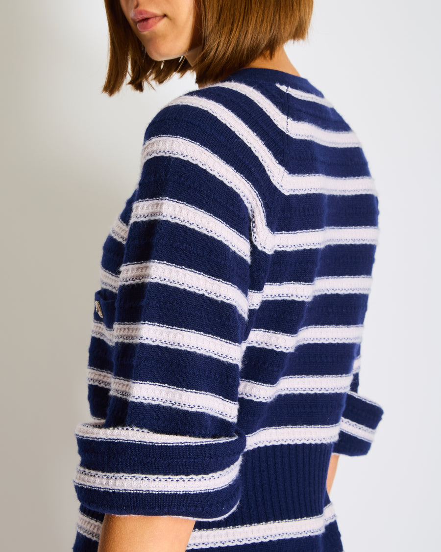 Chanel Light Pink and Navy Striped Cashmere Mini Dress with Cuffed Sleeved and Pink and Silver CC Logo Buttons with Front Pockets Size FR 42 (UK 14)