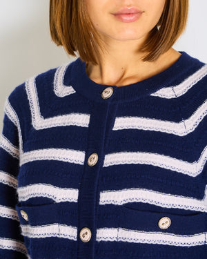 Chanel Light Pink and Navy Striped Cashmere Mini Dress with Cuffed Sleeved and Pink and Silver CC Logo Buttons with Front Pockets Size FR 42 (UK 14)