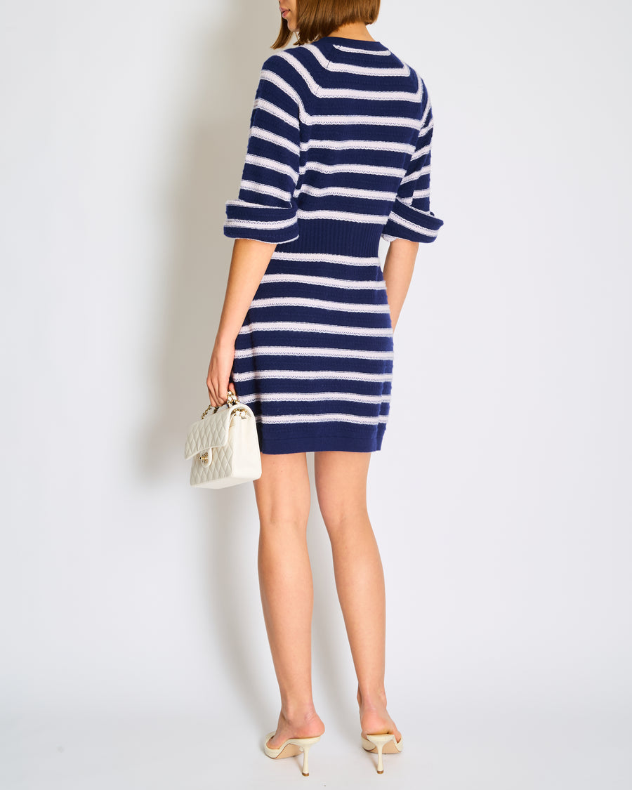 Chanel Light Pink and Navy Striped Cashmere Mini Dress with Cuffed Sleeved and Pink and Silver CC Logo Buttons with Front Pockets Size FR 42 (UK 14)