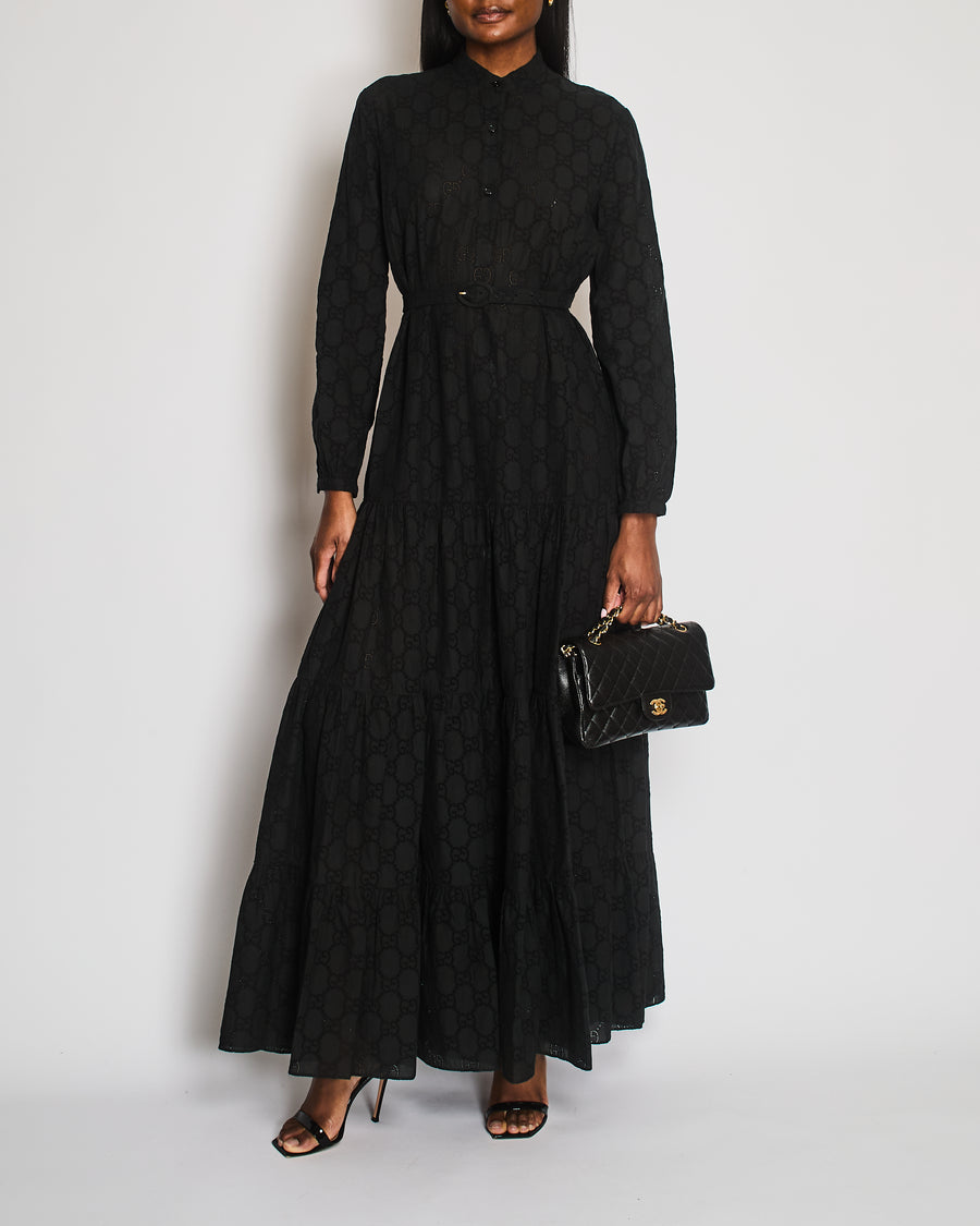 Gucci Black Broderie Anglaise Buttons Front Long Dress with Belt Detail and CC Logo Pattern IT 42 (UK 10)