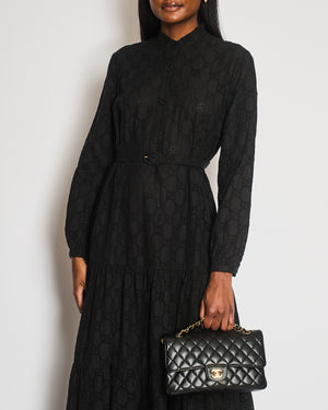 Gucci Black Broderie Anglaise Buttons Front Long Dress with Belt Detail and CC Logo Pattern IT 42 (UK 10)