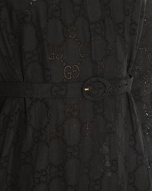 Gucci Black Broderie Anglaise Buttons Front Long Dress with Belt Detail and CC Logo Pattern IT 42 (UK 10)