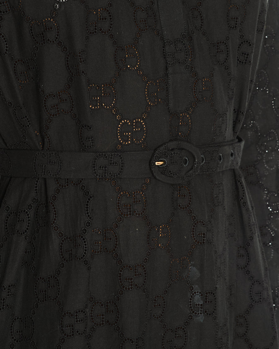 Gucci Black Broderie Anglaise Buttons Front Long Dress with Belt Detail and CC Logo Pattern IT 42 (UK 10)