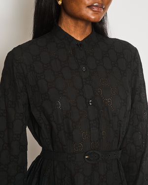 Gucci Black Broderie Anglaise Buttons Front Long Dress with Belt Detail and CC Logo Pattern IT 42 (UK 10)