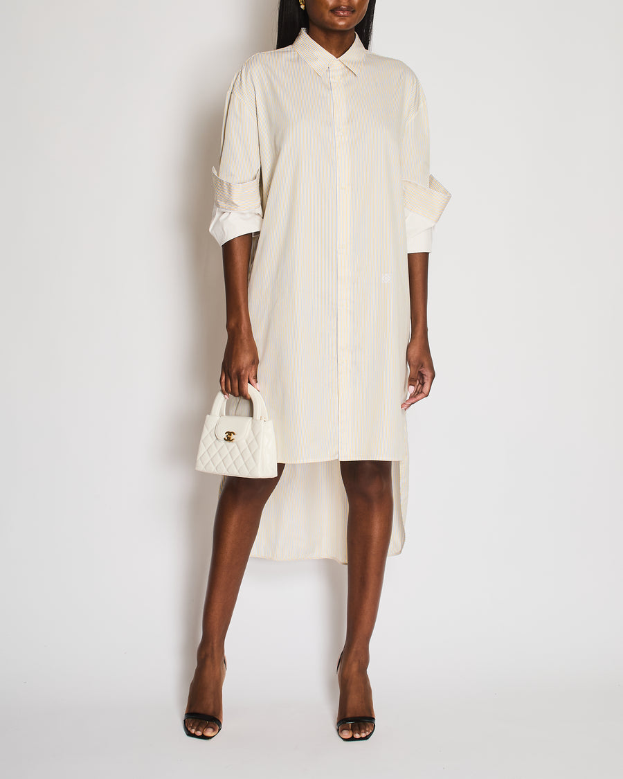 Loewe Yellow, Blue and White Stripe Long Sleeve Asymmetrical Oversized Cotton Shirt Dress with Logo Embroidery Size FR 38 (UK 10)