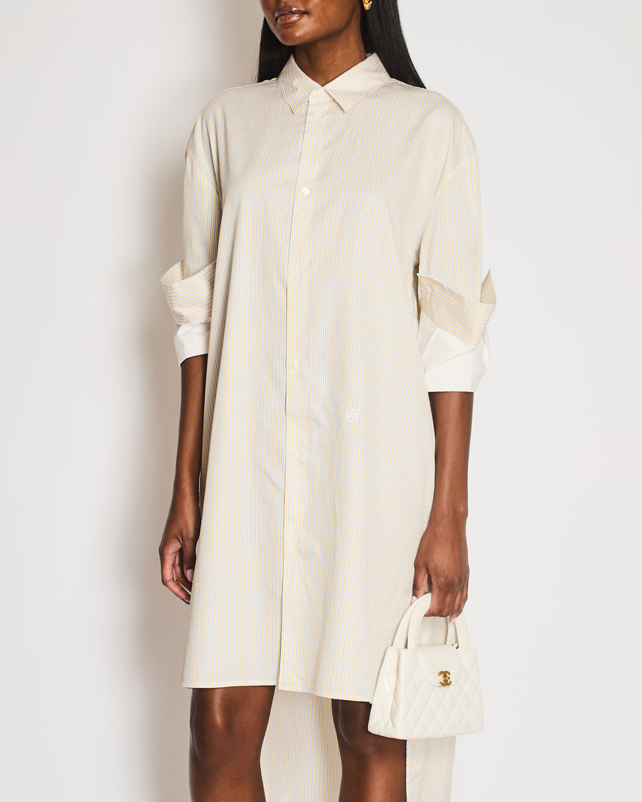 Loewe Yellow, Blue and White Stripe Long Sleeve Asymmetrical Oversized Cotton Shirt Dress with Logo Embroidery Size FR 38 (UK 10)
