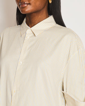 Loewe Yellow, Blue and White Stripe Long Sleeve Asymmetrical Oversized Cotton Shirt Dress with Logo Embroidery Size FR 38 (UK 10)