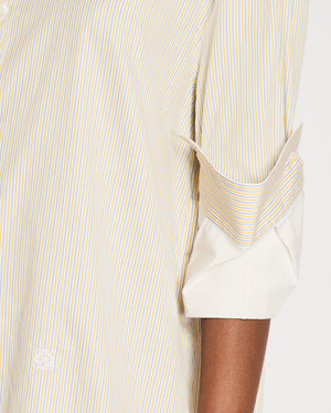 Loewe Yellow, Blue and White Stripe Long Sleeve Asymmetrical Oversized Cotton Shirt Dress with Logo Embroidery Size FR 38 (UK 10)