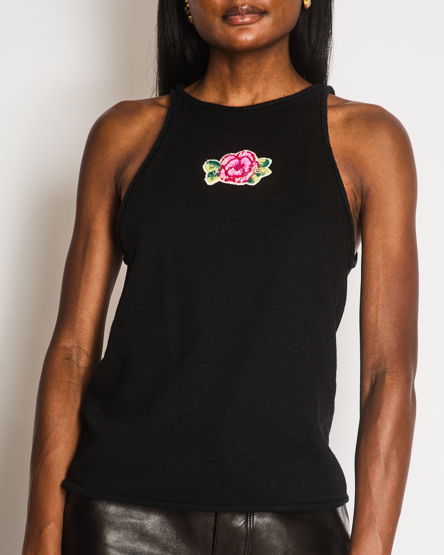 Chanel Black Sleeveless Tank Top with Flower Embellished Pattern and CC Logo Detail Size FR 38 (UK 10)