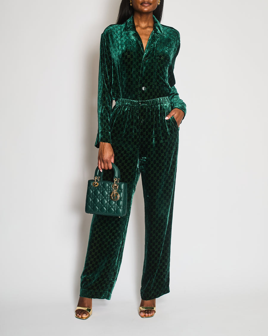 Gucci Green Velvet Shirt and Trouser Set with CC Logo Detail Size M (UK 10)