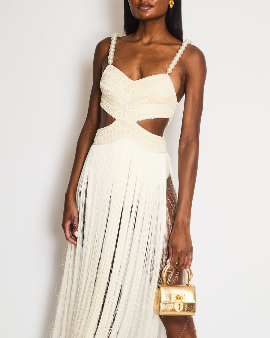 PatBo Cream Crochet Cut-Out Dress with Pearl Straps and Fringe Skirt Size 34 (UK 6)
