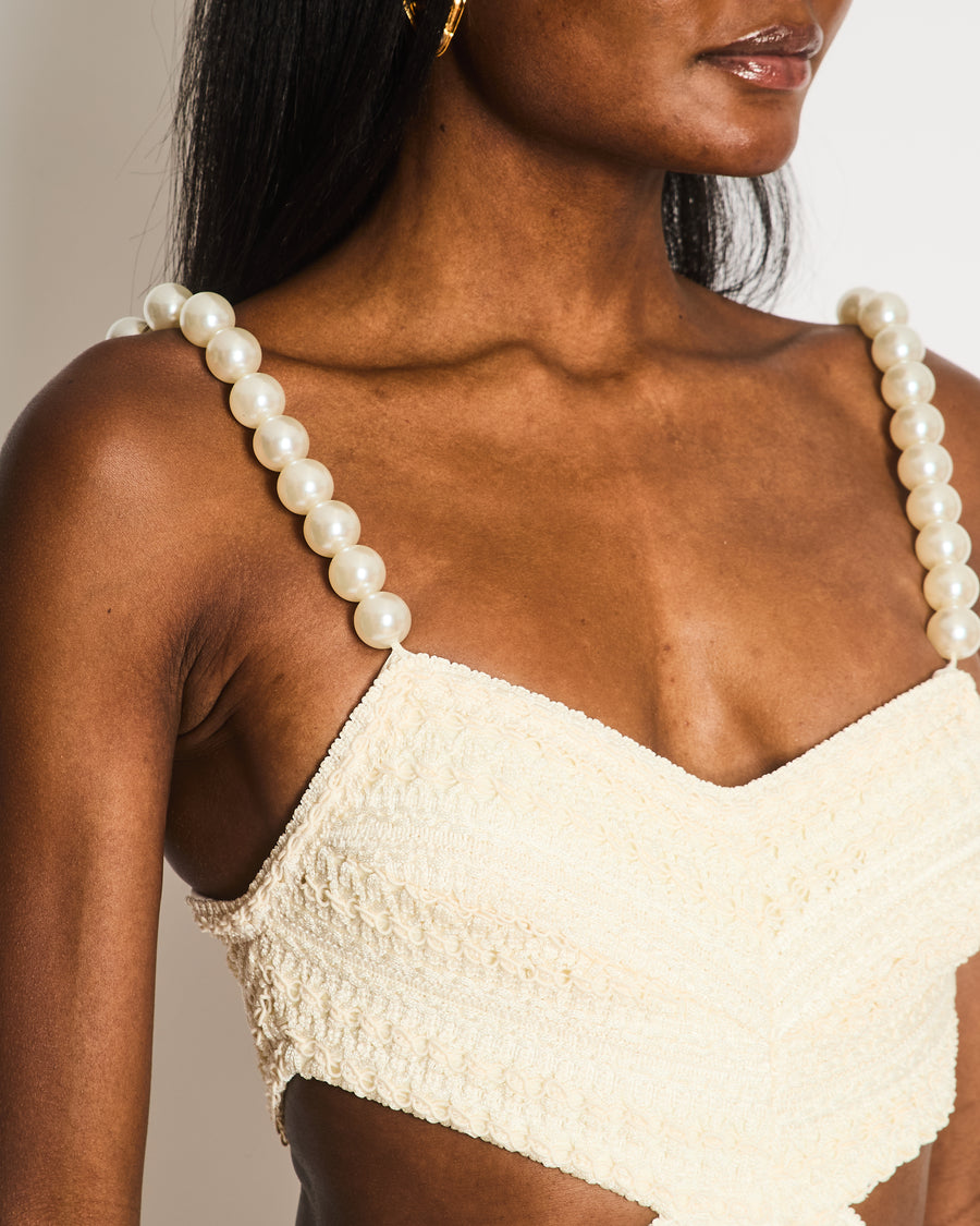 PatBo Cream Crochet Cut-Out Dress with Pearl Straps and Fringe Skirt Size 34 (UK 6)