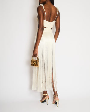 PatBo Cream Crochet Cut-Out Dress with Pearl Straps and Fringe Skirt Size 34 (UK 6)