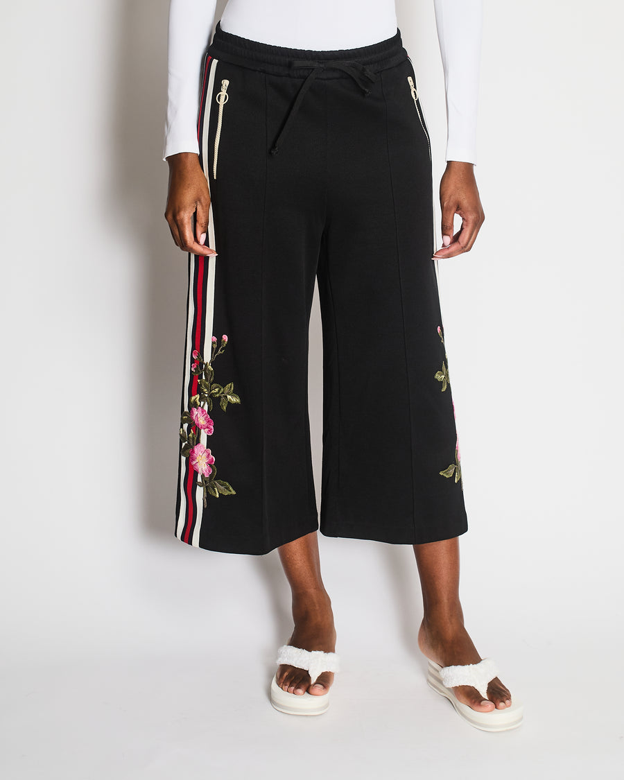 Gucci Black Flower Patch Culottes with Blue, Red and White Stripe Detail and Zipper Pockets Size S (UK 8)