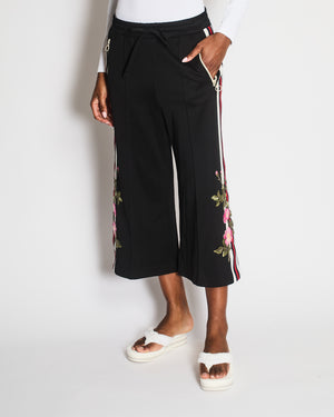 Gucci Black Flower Patch Culottes with Blue, Red and White Stripe Detail and Zipper Pockets Size S (UK 8)