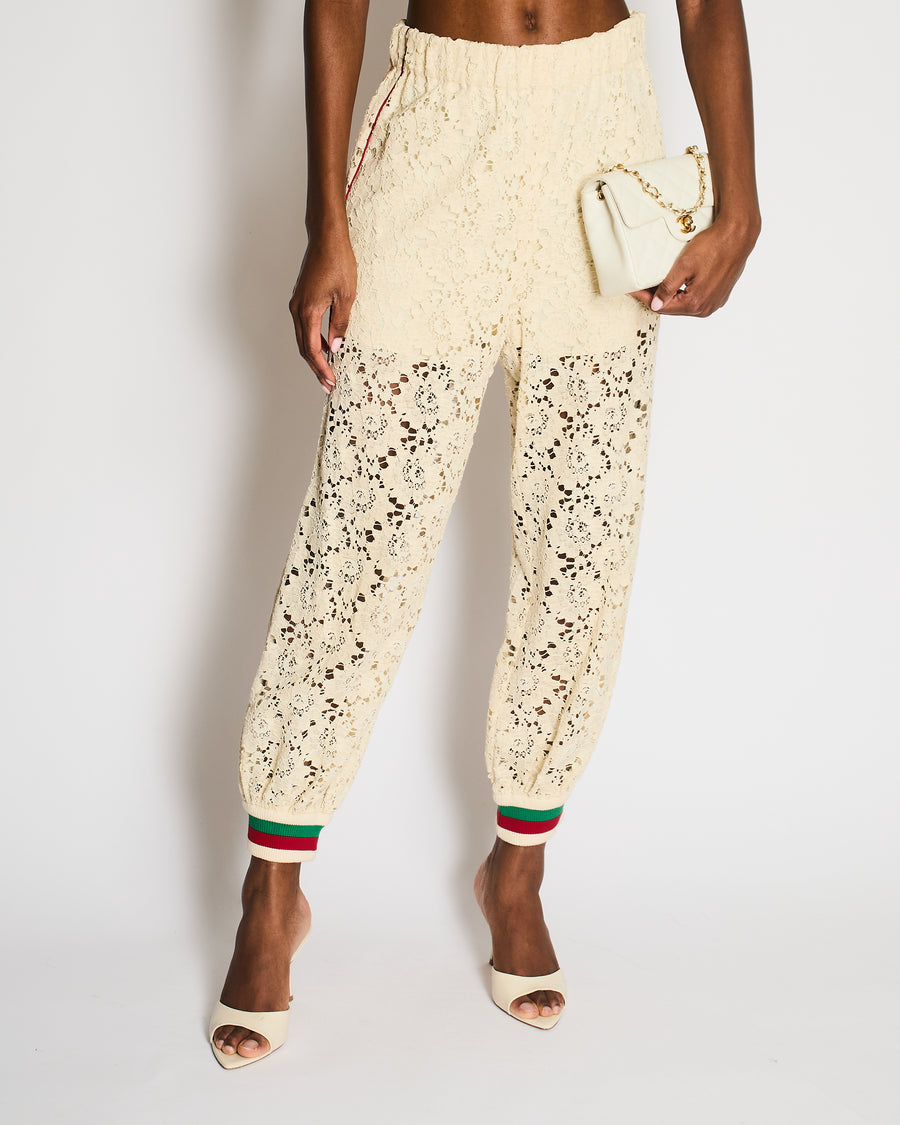 Gucci Cream Lace Joggers with Red and Green Striped Detail Size IT 44 (UK 12)