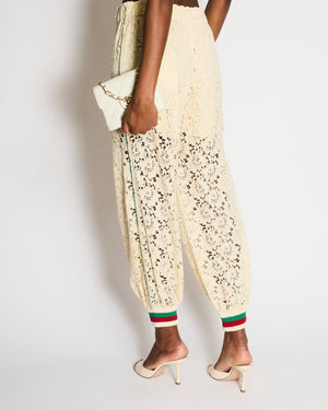 Gucci Cream Lace Joggers with Red and Green Striped Detail Size IT 44 (UK 12)