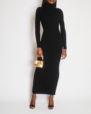 Balmain Ribbed Wool Black Highneck Longsleeve Dress with Gold Buttons Detail Size FR 38 (UK 10) RRP £2150