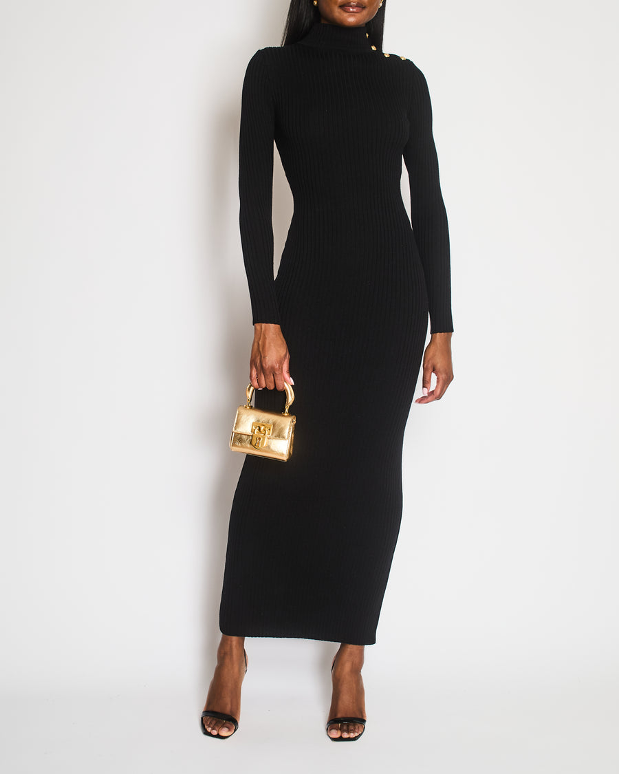 Balmain Ribbed Wool Black Highneck Longsleeve Dress with Gold Buttons Detail Size FR 38 (UK 10) RRP £2150