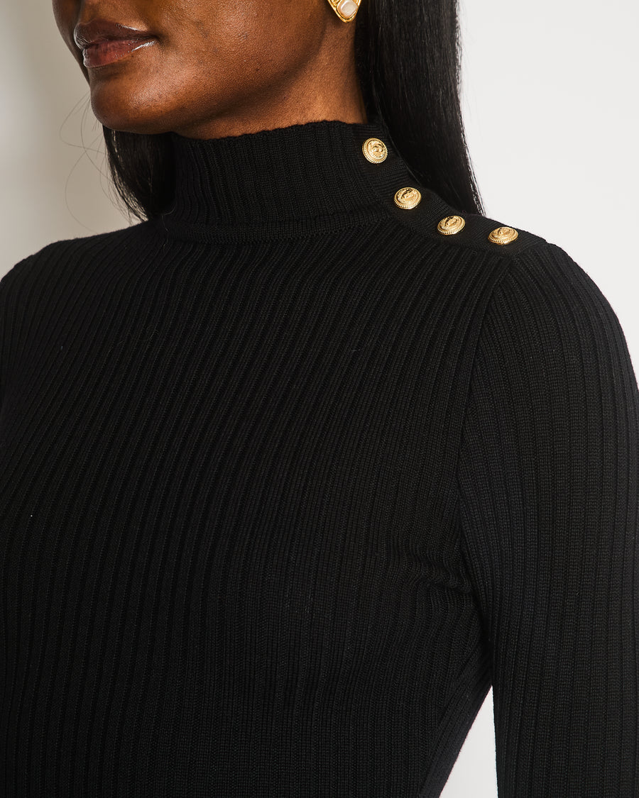 Balmain Ribbed Wool Black Highneck Longsleeve Dress with Gold Buttons Detail Size FR 38 (UK 10) RRP £2150