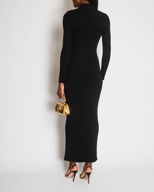 Balmain Ribbed Wool Black Highneck Longsleeve Dress with Gold Buttons Detail Size FR 38 (UK 10) RRP £2150